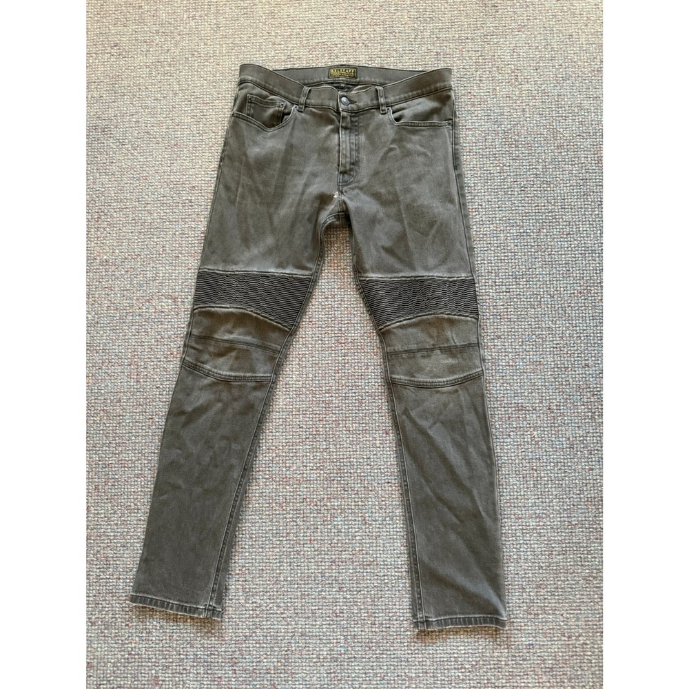 Belstaff Mens Moto Biker Jeans 33x32 Faded Black Grey Ribbed Knee Stretch Denim